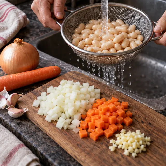 Фасоль промывают, лук, морковь и чеснок нарезают