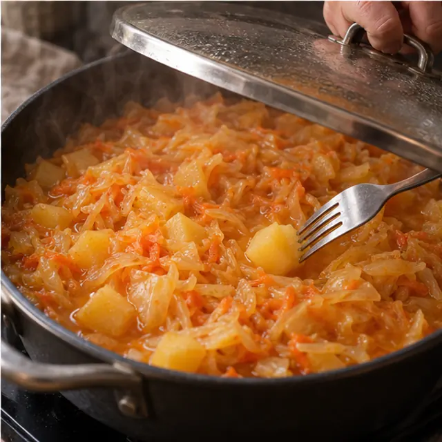 Капуста и картофель тушатся под крышкой