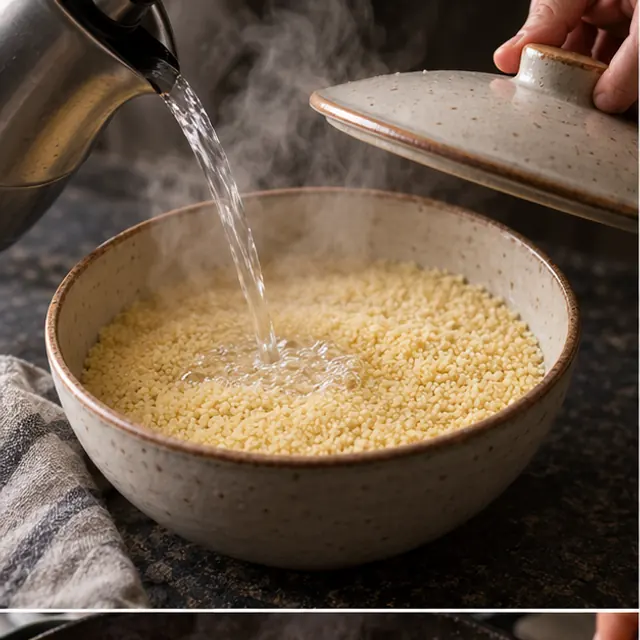 Кускус заливают кипятком и накрывают крышкой