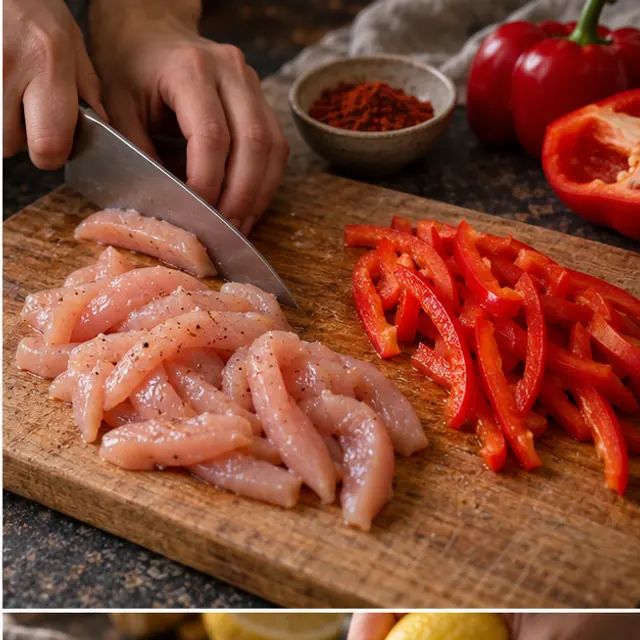 Курицу и сладкий перец нарезают соломкой