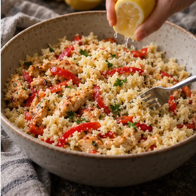 Кускус смешивают с курицей, перцем и лимонным соком