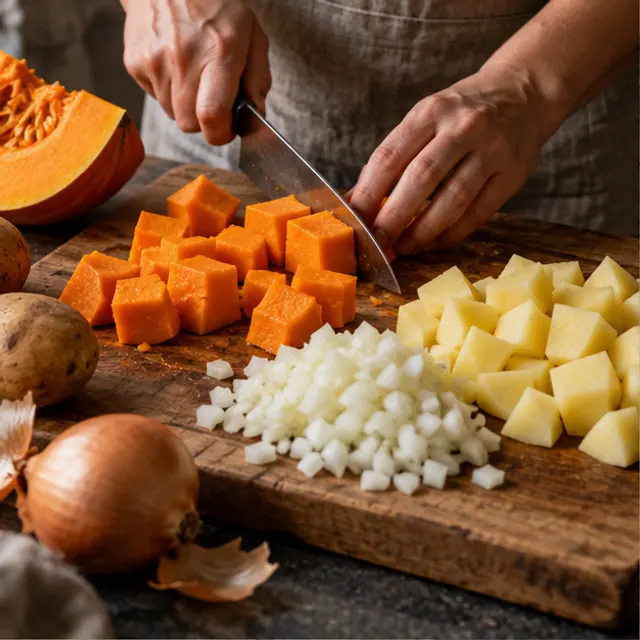 Тыкву и картофель очищают и нарезают кубиками