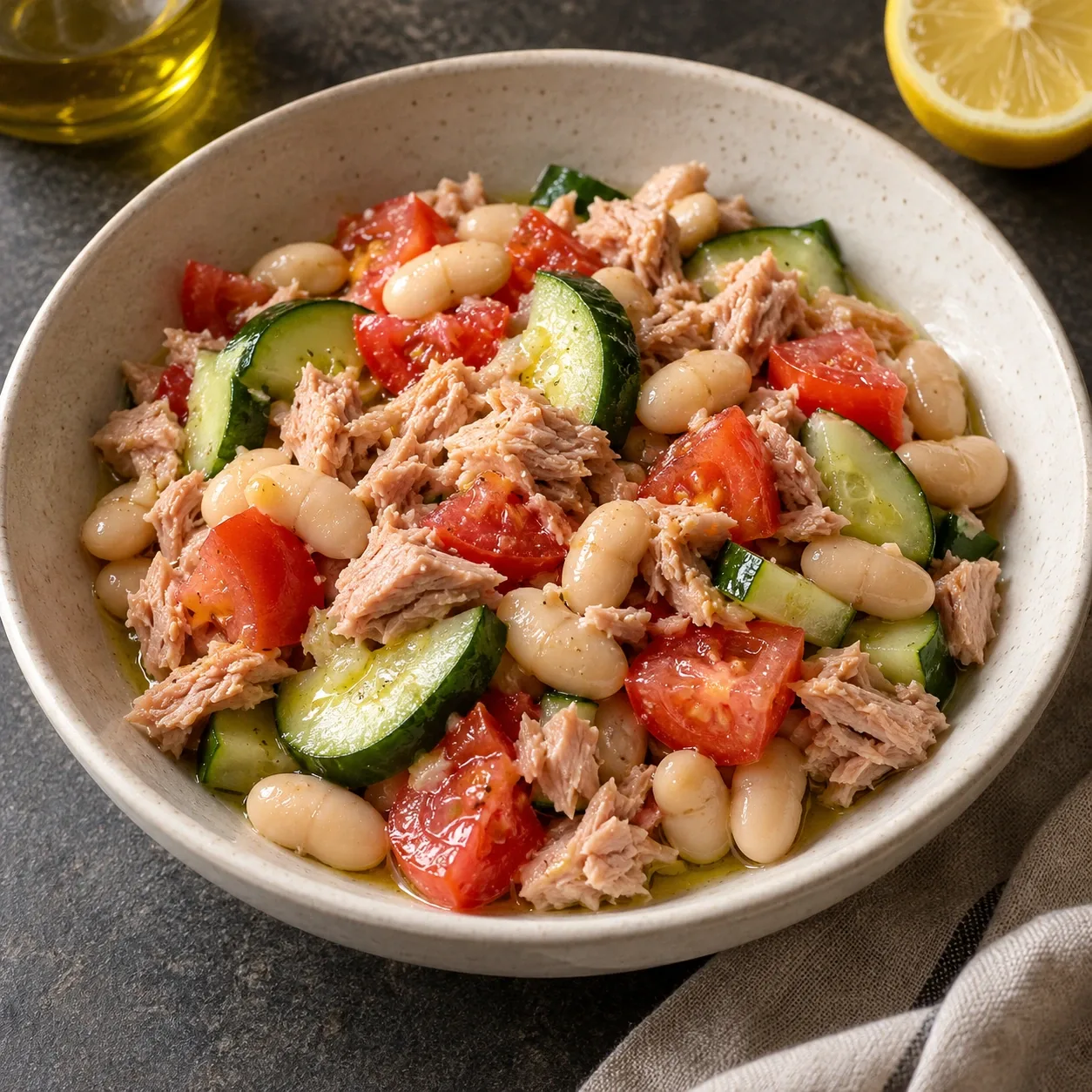Салат с тунцом, фасолью, помидорами и огурцом